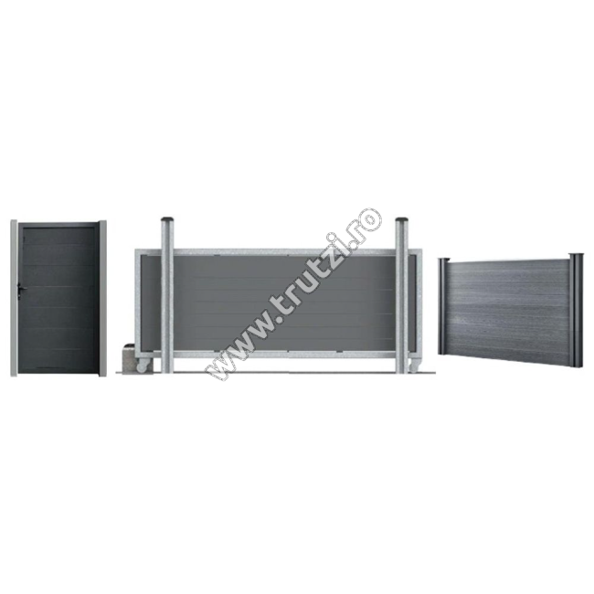 POARTA CULISANTA WPC GRI INCHIS PRIVACY 5400X1900MM, STALP 2000MM, RAMA ALUMINIU